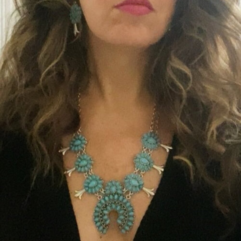 Old Pawn style Silver Faux Turquoise Squash Blossom Necklace